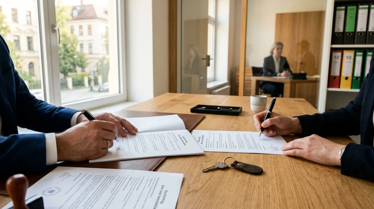 Kaufvertrag und Schlüssel auf dem Schreibtisch beim Notartermin für einen Immobilienkauf