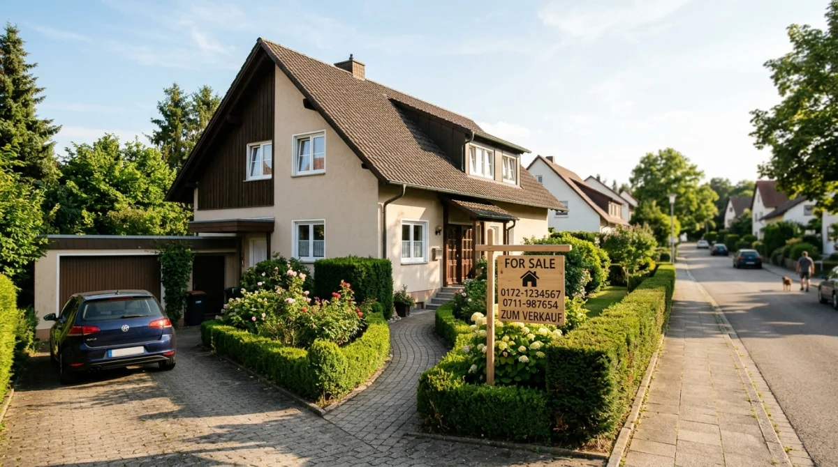 Gepflegtes Einfamilienhaus mit Vorgarten und Verkaufsschild in einer ruhigen Wohnstraße in Südwestdeutschland