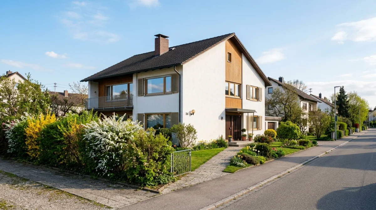Einfamilienhaus in sueddeutscher Wohnsiedlung im Fruehling mit gepflegtem Vorgarten