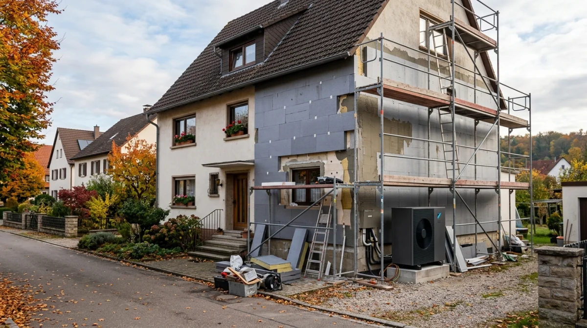Einfamilienhaus in der Region Tuttlingen während energetischer Sanierung mit Wärmedämmung und Wärmepumpe