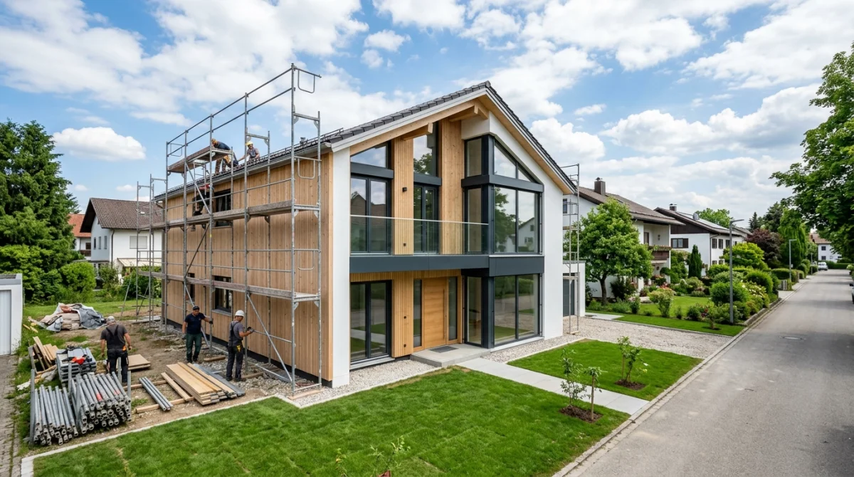 Neubau eines Einfamilienhauses mit moderner Fassade in einer ruhigen Wohnsiedlung in Südwestdeutschland