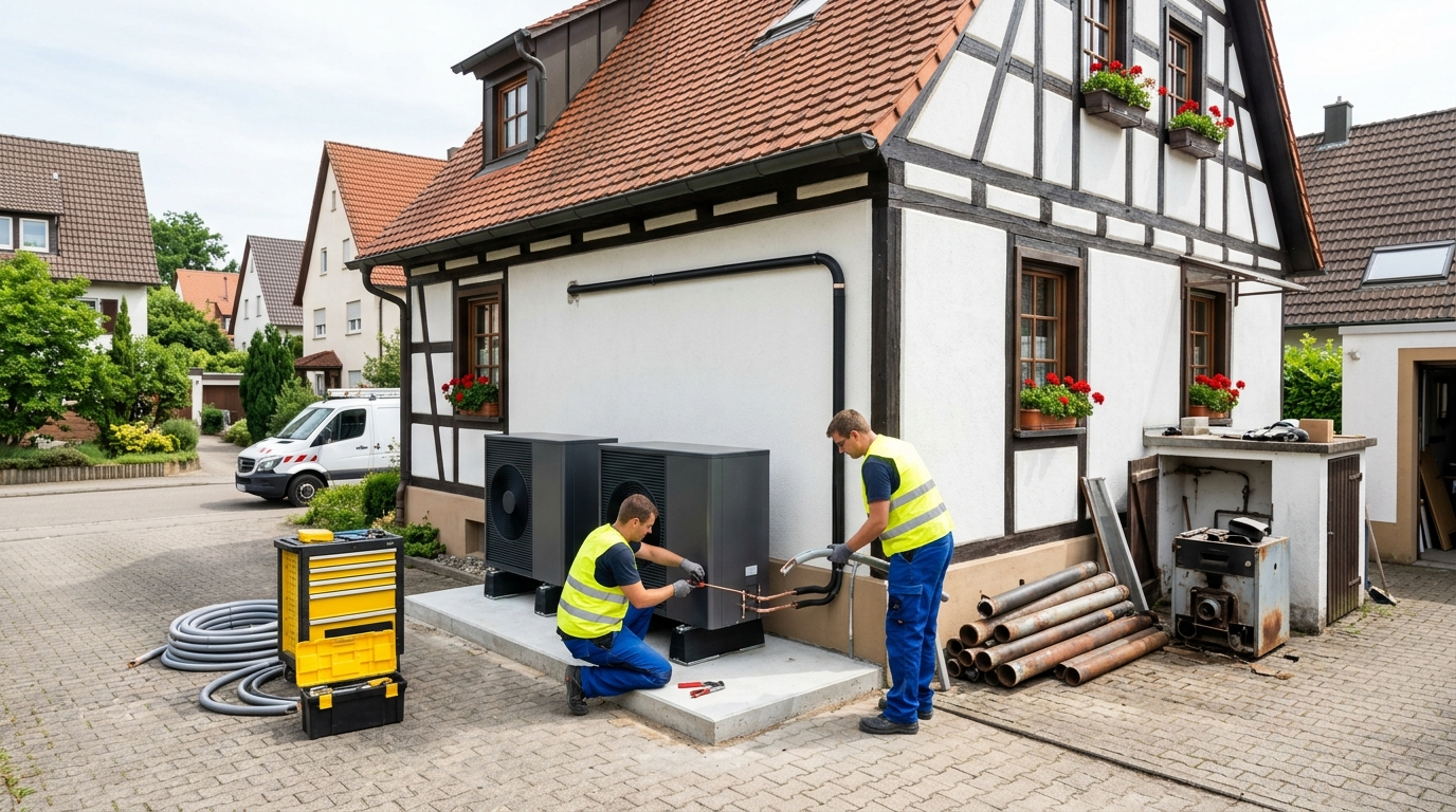 Monteure installieren eine Wärmepumpe an einem Einfamilienhaus in Süddeutschland