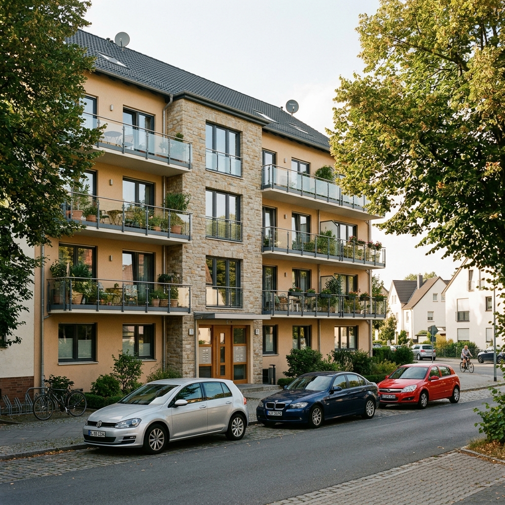 Mehrfamilienhaus mit Eigentumswohnungen in einer deutschen Kleinstadt – Außenansicht mit Balkonen und gepflegtem Eingangsbereich