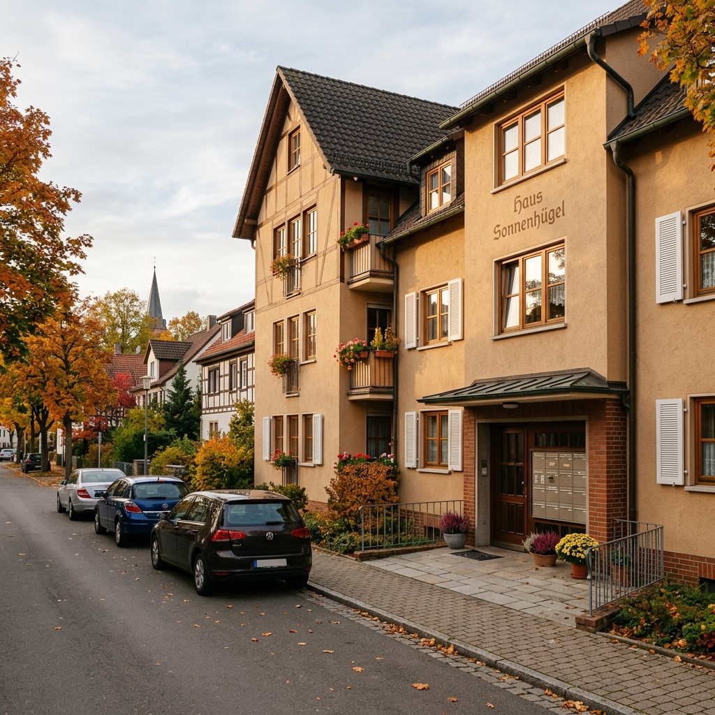 Mehrfamilienhaus in einer südwestdeutschen Kleinstadt im Herbstlicht – Symbolbild Mietrecht und Vermietung